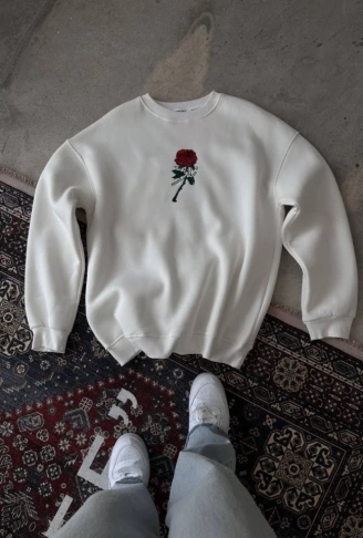 Unisex Bisiklet Yaka Ön Ve Arka Baskılı SweatShirt - Beyaz