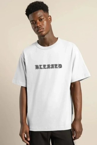 Unisex Bisiklet Yaka Oversize Baskılı T-Shirt - Beyaz