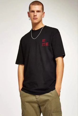 Unisex Bisiklet Yaka Oversize Baskılı T-Shirt - Siyah