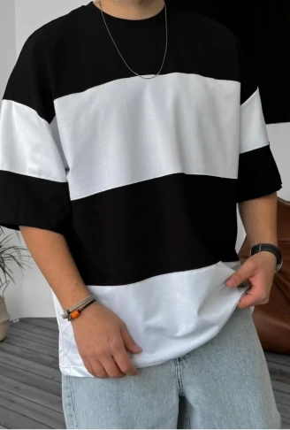 Unisex Bisiklet Yaka Parçalı T-Shirt - Siyah