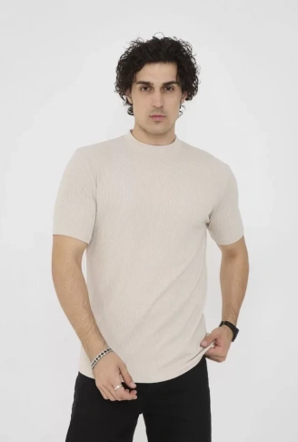 Unisex Bisiklet Yaka Slim Fit T-Shirt- Bej