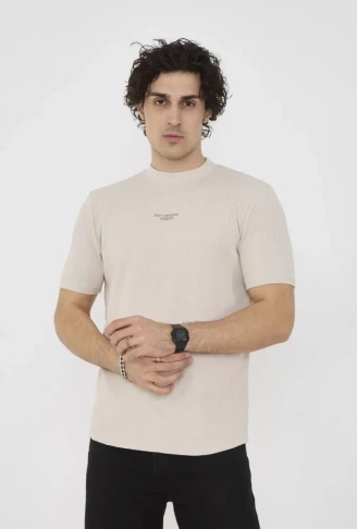 Unisex Bisiklet Yaka Slim Fit T-Shirt- Bej