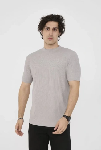 Unisex Bisiklet Yaka Slim Fit T-Shirt- Taş