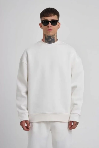 Unisex Biskilet Yaka Üç İplik SweatShirt - Beyaz