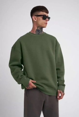 Unisex Biskilet Yaka Üç İplik SweatShirt - Haki