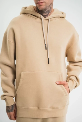Unisex Double Oversize Kapşonlu Basic SweatShirt - Bej