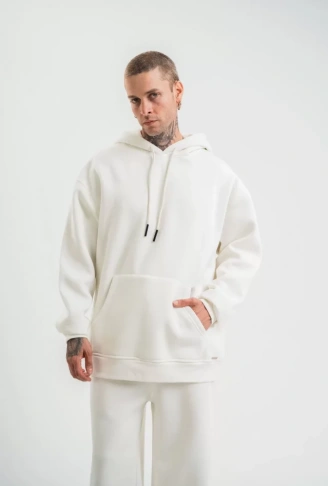 Unisex Double Oversize Kapşonlu Basic SweatShirt - Beyaz