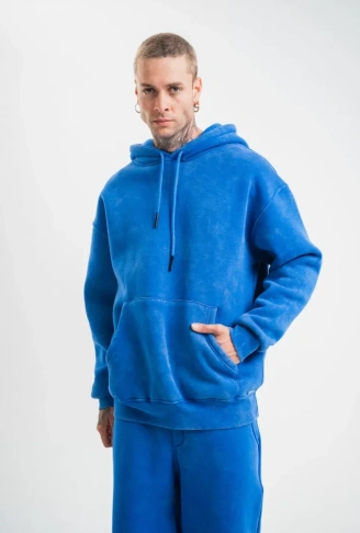 Unisex Double Oversize Kapşonlu Yıkamalı SweatShirt - Mavi