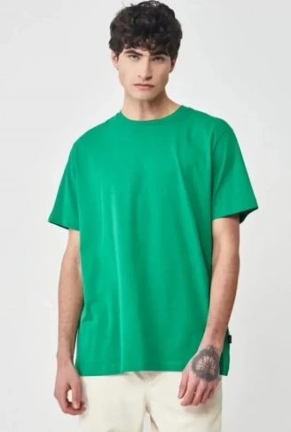 Unisex Düz Biskilet Yaka Oversize T-shirt - Yeşil