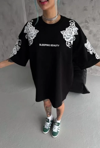 Unisex Flok Kabartma Baskılı T-Shirt - Siyah