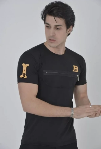 Unisex Göğüs Fermuarlı Baskılı T-Shirt - Siyah