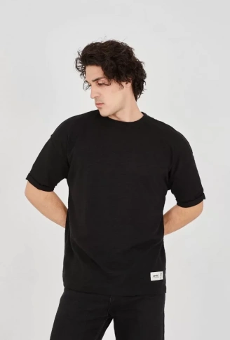 Unisex Jakar Kumaş Rahat Kol T-Shirt - Siyah