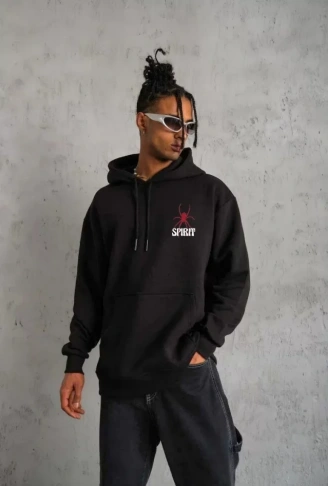 Unisex Kapşonlu Baskılı Sweetshirt - Siyah