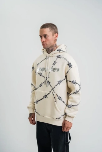 Unisex Kapşonlu Varak Ve Pano Baskılı SweatShirt - Bej