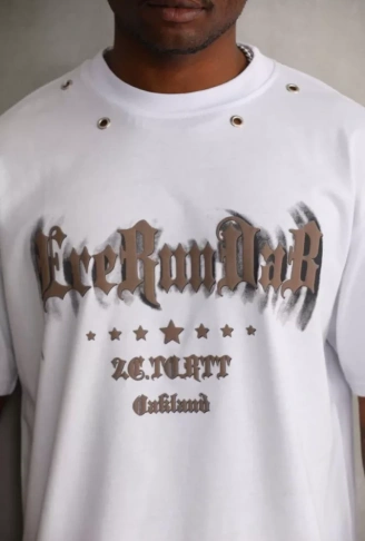 Unisex Kuşgözü Detaylı Baskılı Oversize T-Shirt - Beyaz