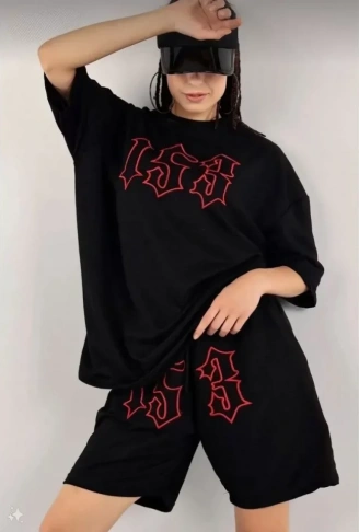 Unisex Nakış İşlemeli Şort Takım - Siyah