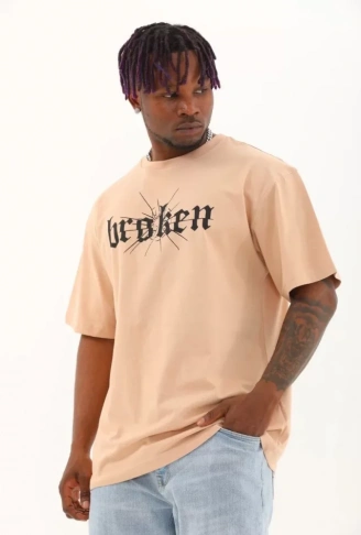 Unisex Oversize Baskılı Bisiklet Yaka T-Shirt - Bej