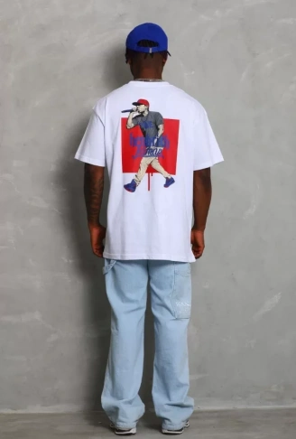 Unisex Oversize Baskılı Bisiklet Yaka T-Shirt - Beyaz