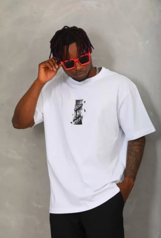 Unisex Oversize Baskılı Bisiklet Yaka T-Shirt - Beyaz