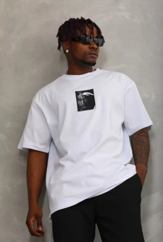 Unisex Oversize Baskılı Bisiklet Yaka T-Shirt - Beyaz