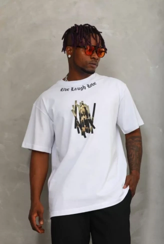 Unisex Oversize Baskılı Bisiklet Yaka T-Shirt - Beyaz