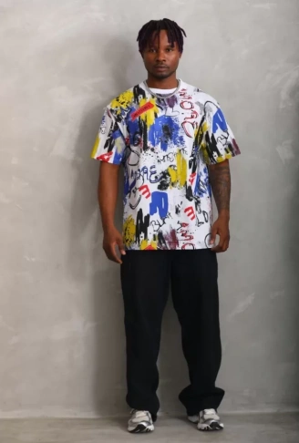 Unisex Oversize Baskılı Bisiklet Yaka T-Shirt - Beyaz