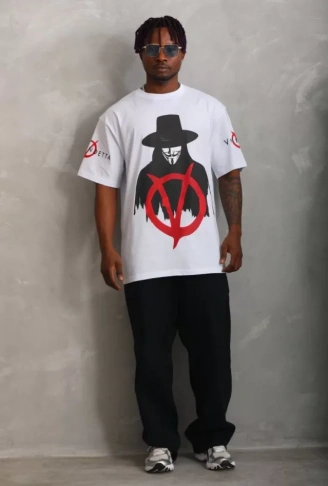 Unisex Oversize Baskılı Bisiklet Yaka T-Shirt - Beyaz