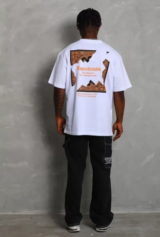 Unisex Oversize Baskılı Bisiklet Yaka T-Shirt - Beyaz