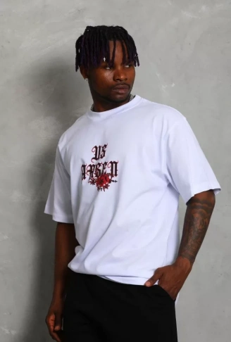 Unisex Oversize Baskılı Bisiklet Yaka T-Shirt - Beyaz