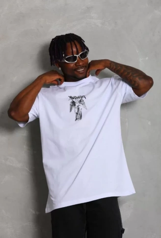 Unisex Oversize Baskılı Bisiklet Yaka T-Shirt - Beyaz