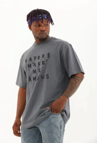 Unisex Oversize Baskılı Bisiklet Yaka T-Shirt - Füme