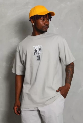 Unisex Oversize Baskılı Bisiklet Yaka T-Shirt - Gri