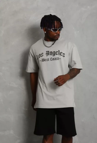 Unisex Oversize Baskılı Bisiklet Yaka T-Shirt - Gri