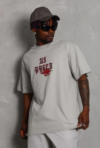 Unisex Oversize Baskılı Bisiklet Yaka T-Shirt - Gri