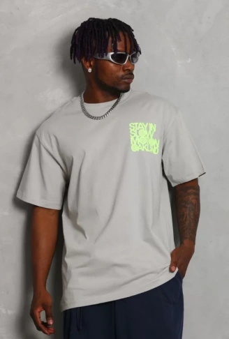 Unisex Oversize Baskılı Bisiklet Yaka T-Shirt - Gri