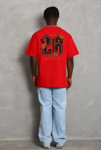 Unisex Oversize Baskılı Bisiklet Yaka T-Shirt - Kırmızı