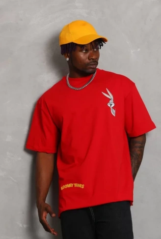 Unisex Oversize Baskılı Bisiklet Yaka T-Shirt - Kırmızı