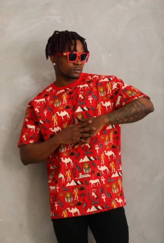 Unisex Oversize Baskılı Bisiklet Yaka T-Shirt - Kırmızı