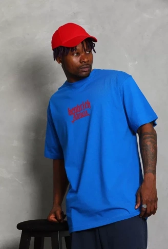 Unisex Oversize Baskılı Bisiklet Yaka T-Shirt - Mavi