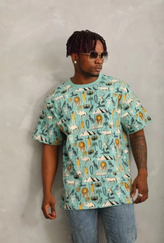 Unisex Oversize Baskılı Bisiklet Yaka T-Shirt - Mint Yeşili