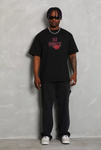 Unisex Oversize Baskılı Bisiklet Yaka T-Shirt - Siyah