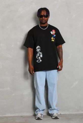 Unisex Oversize Baskılı Bisiklet Yaka T-Shirt - Siyah