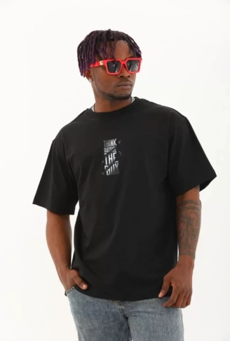 Unisex Oversize Baskılı Bisiklet Yaka T-Shirt - Siyah