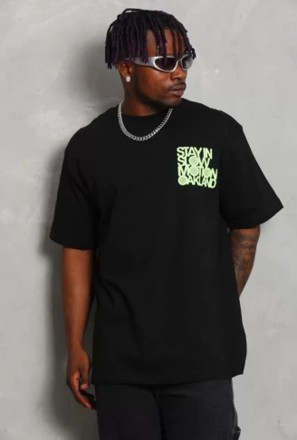 Unisex Oversize Baskılı Bisiklet Yaka T-Shirt - Siyah