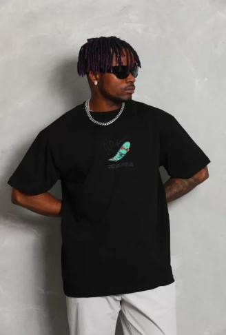 Unisex Oversize Baskılı Bisiklet Yaka T-Shirt - Siyah