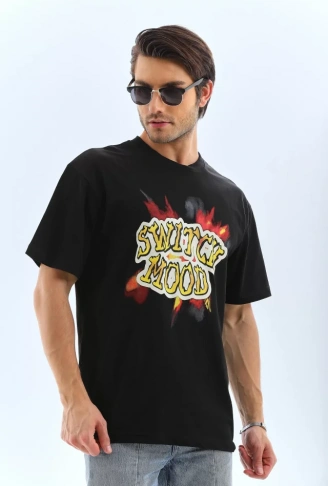 Unisex Oversize Baskılı Bisiklet Yaka T-Shirt - Siyah