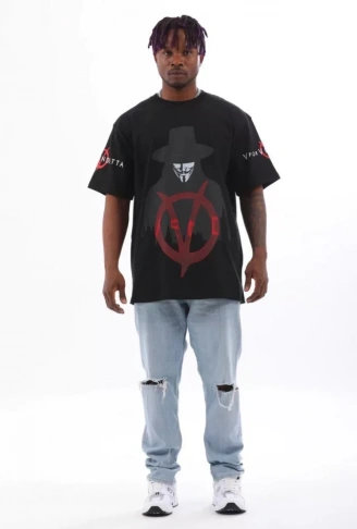 Unisex Oversize Baskılı Bisiklet Yaka T-Shirt - Siyah