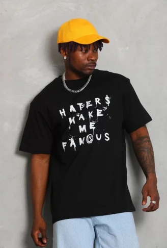 Unisex Oversize Baskılı Bisiklet Yaka T-Shirt - Siyah