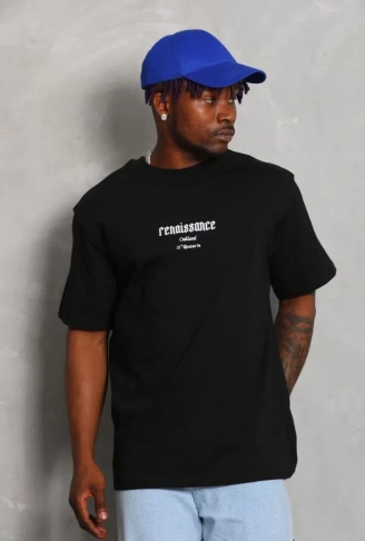 Unisex Oversize Baskılı Bisiklet Yaka T-Shirt - Siyah