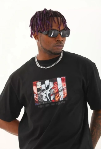 Unisex Oversize Baskılı Bisiklet Yaka T-Shirt - Siyah